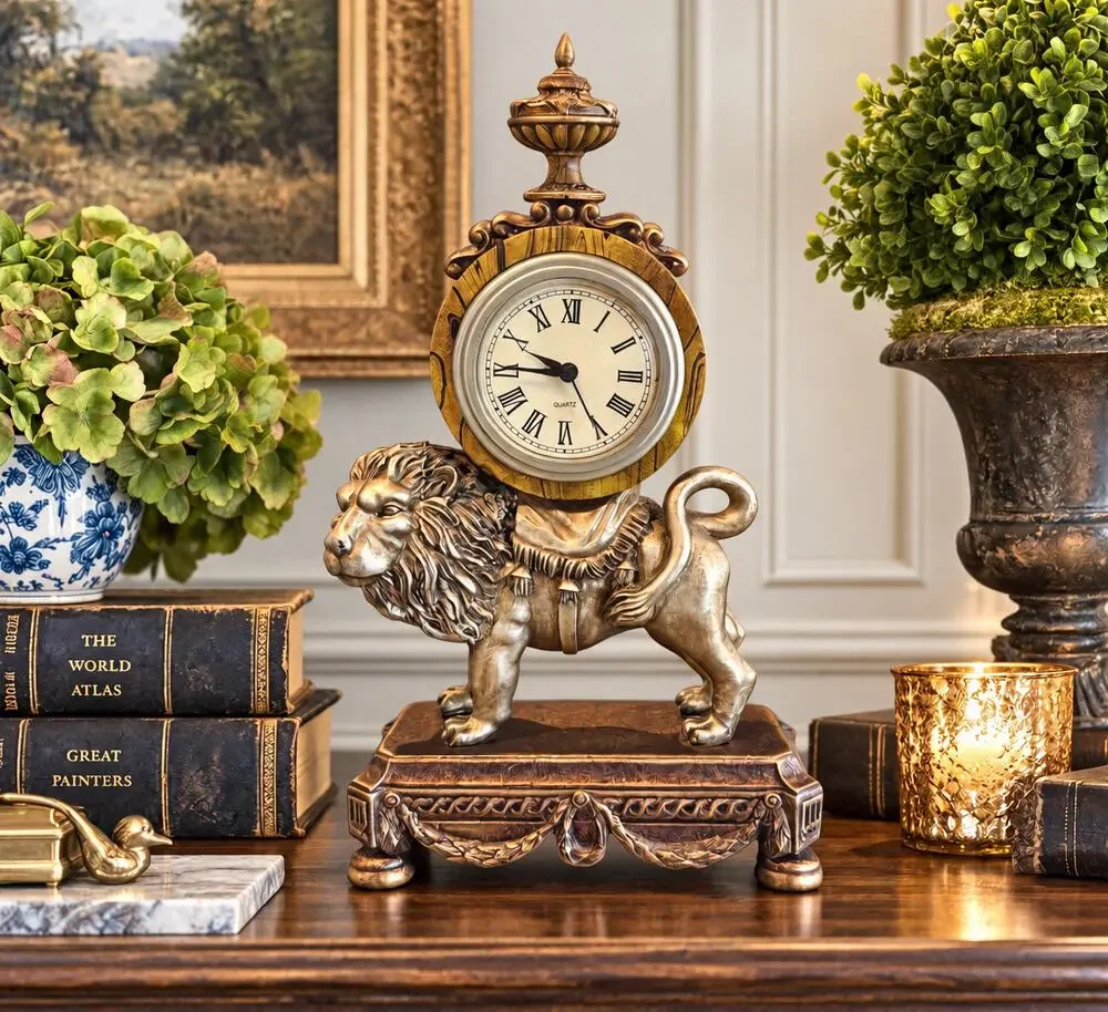 Vintage Lion Mantel Clock, Ornate Resin Lion Clock